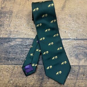Ralph Lauren Mens Tie Green Gold Bull Lion Print Silk Made in Italy